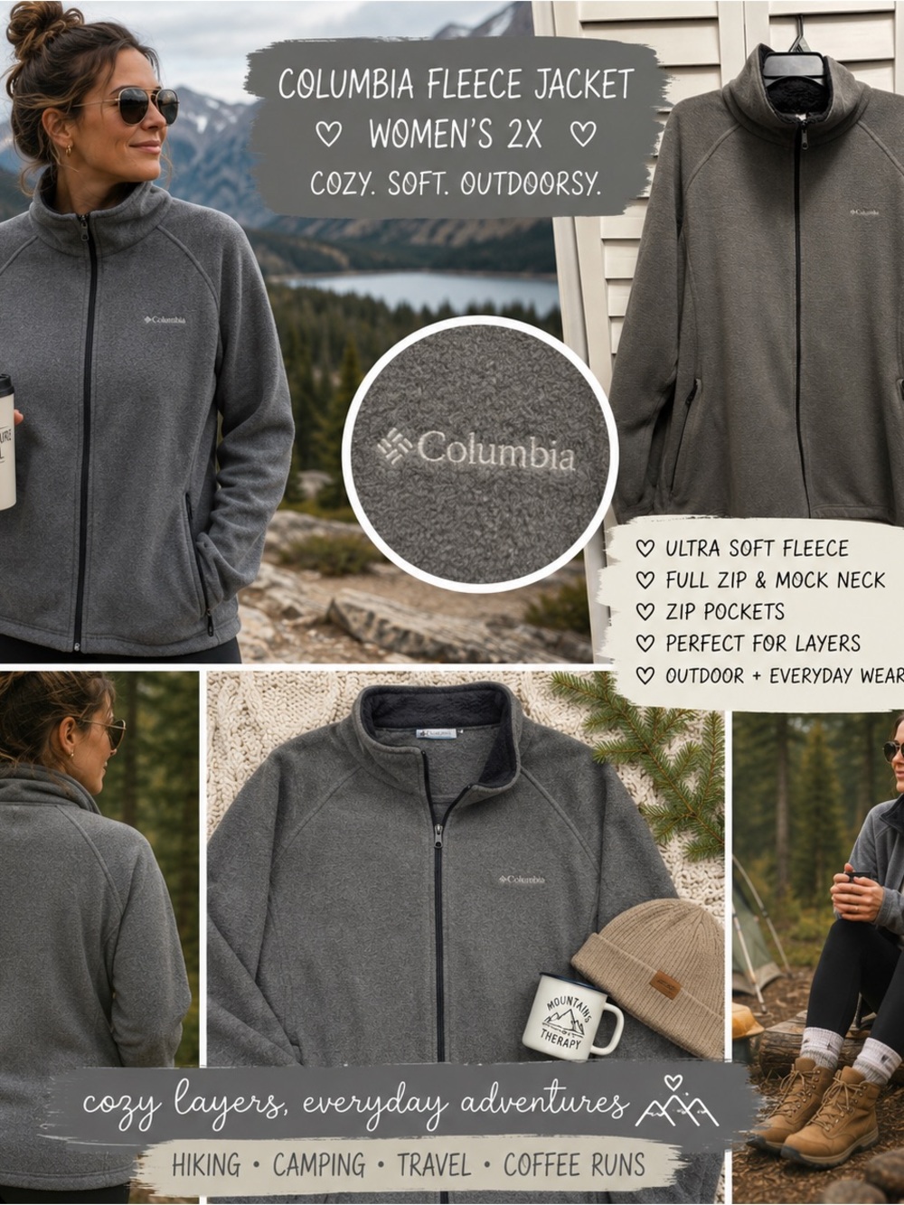 Columbia Fleece Jacket Women’s 2X Gray Zip Mock Neck Cozy Outdoor Hike Gorpcore